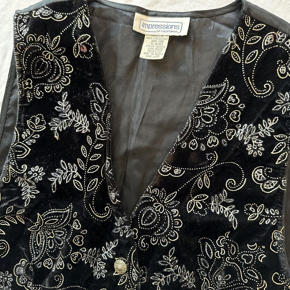 Impressions Vintage Velvet Vest Glitter Floral Women's‎ M 90's Sparkle Black